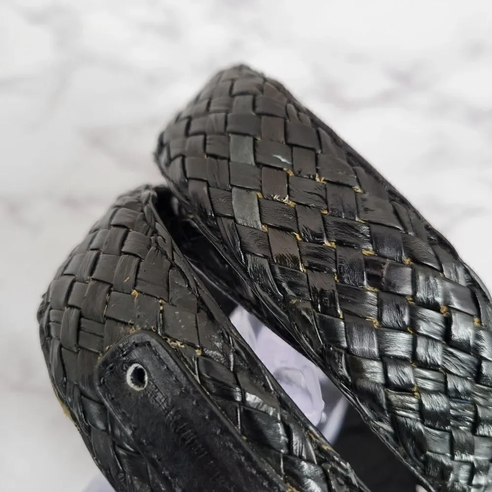 Vintage Belt Woven Black EEL Skin Leather and Gold Toned Buckle Men's Unisex